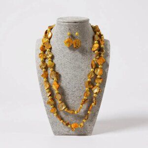 Yellow Mother Of Pearl Shell Bead long Necklace Earring Set